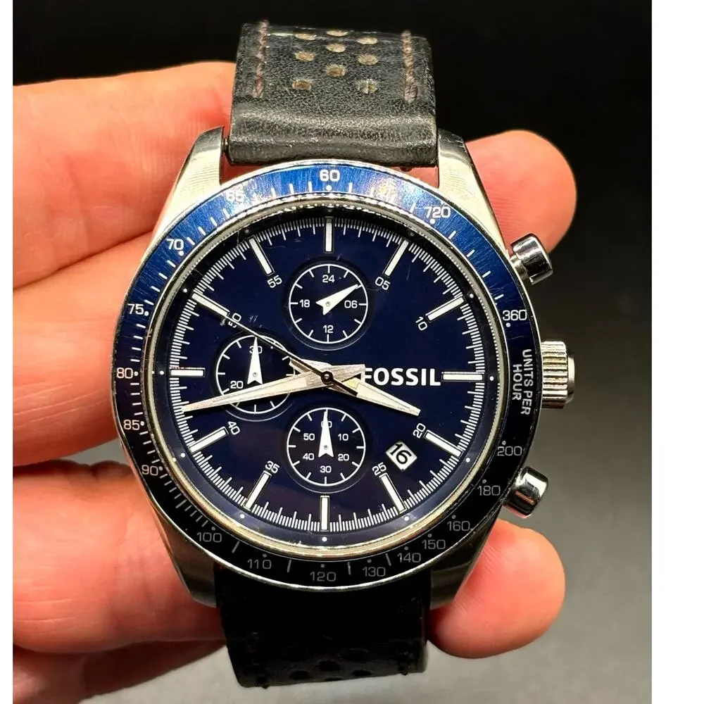 Fossil Field Scout BQ2065 Chronograph Blue Dial Black Leather Men’s 44mm Watch